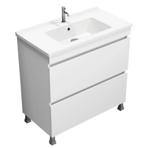 SKY 33.5 in. W x 17.7 in. D x 34.7 in. H Freestanding Bath Vanity in Glossy White with Vanity Top Basin in White