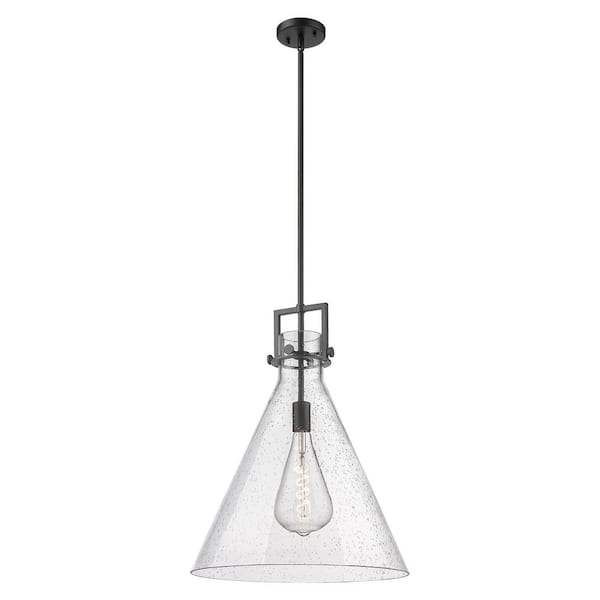Newton Cone 100-Watt 1-Light Matte Black Shaded Mini Pendant Light with Seeded Glass Shade