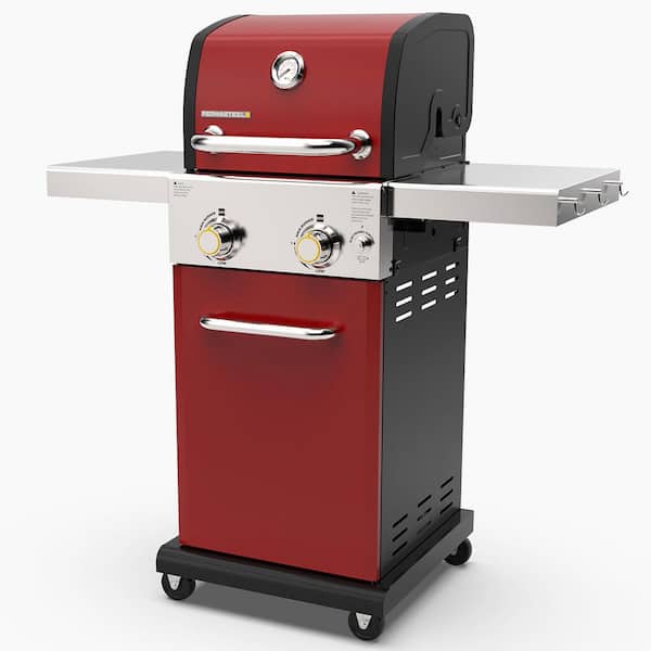 2-Burner Propane Gas Pedestal Grill in Red With Folding Side Shelves