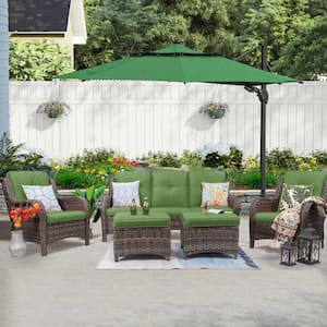 5-Piece Wicker Outdoor Patio Seating Conversation Set Sectional Sofa with Green Cushions