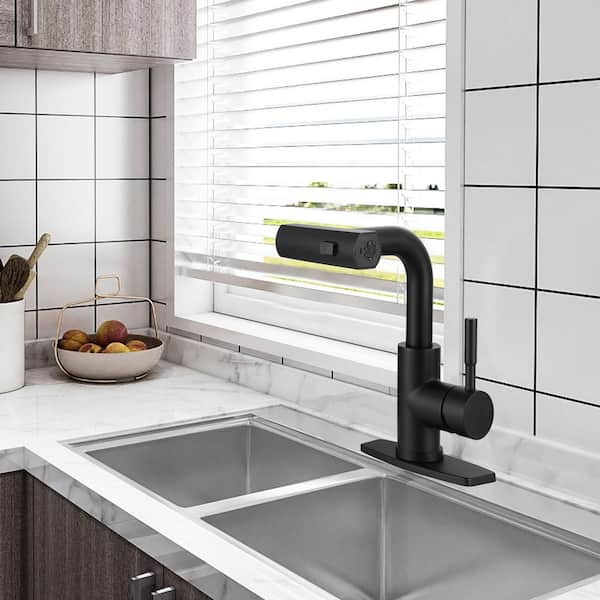 Waterfall Single Handle Pull Down Sprayer Bar Faucet with Deckplate and and 3 Modes Sprayer in Matte Black