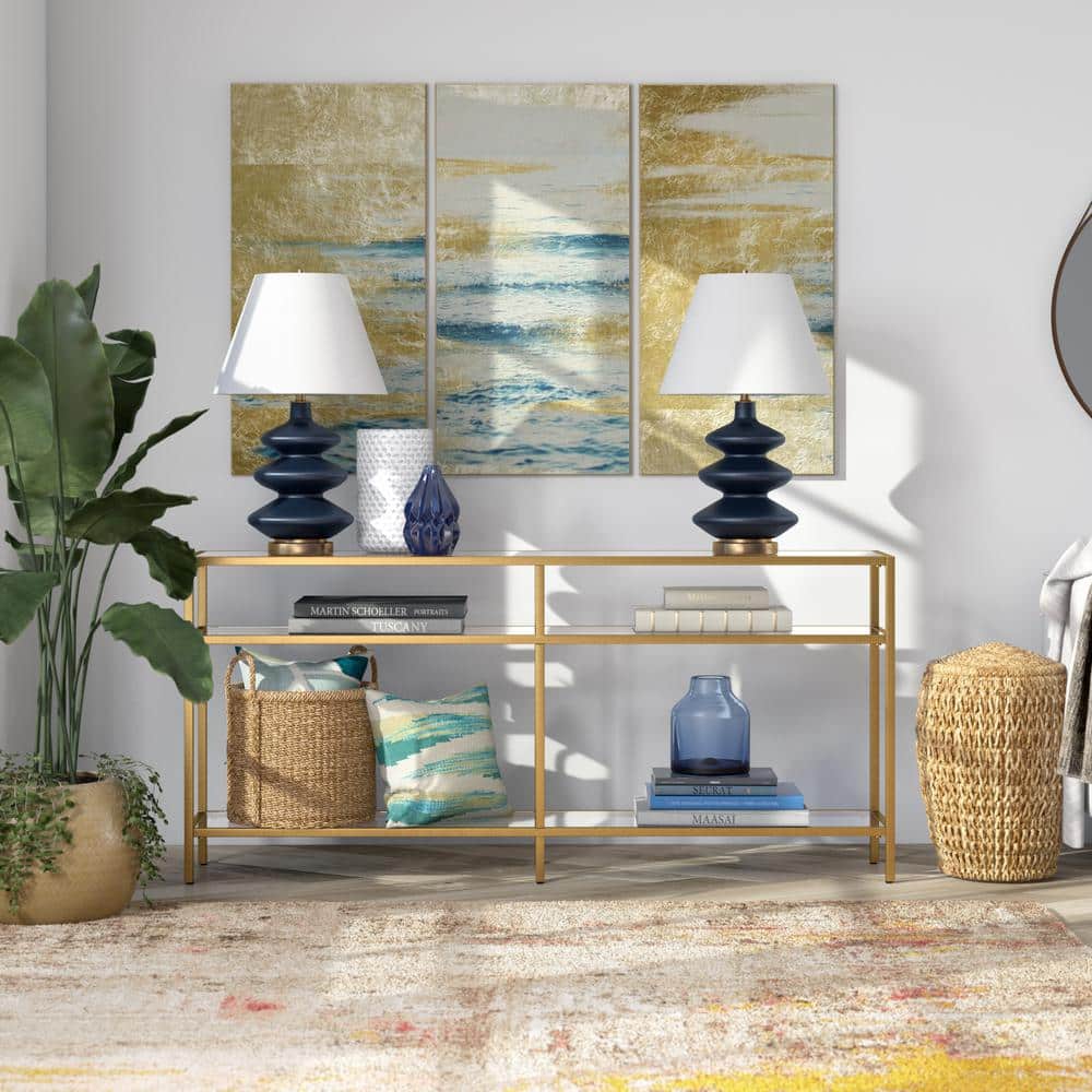 Golden Brass and Glass Rectangular Hallway Table with Storage