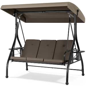 3-Person Steel Metal Outdoor Patio Swing with Canopy and Cushions in Taupe