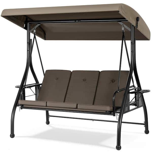 3-Person Steel Metal Outdoor Patio Swing with Canopy and Cushions in Taupe