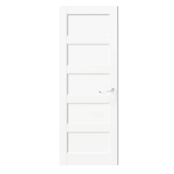 30 in. x 80 in. 5-Panel, Solid MDF Core, Composite, Primed, White, Interior Door Slab With Silver Curved Doorknob