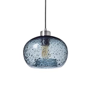 9 in. W x 6 in. H 1-Light Silver Rustic Seeded Hand Blown Glass Pendant Light with Blue Glass Shade