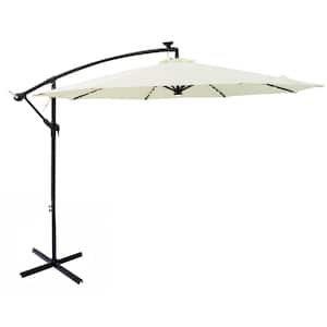 10 ft. Steel Cantilever Solar Patio Umbrella with LED Lights and Cross Base Stand in Ivory Solution Dyed Polyester