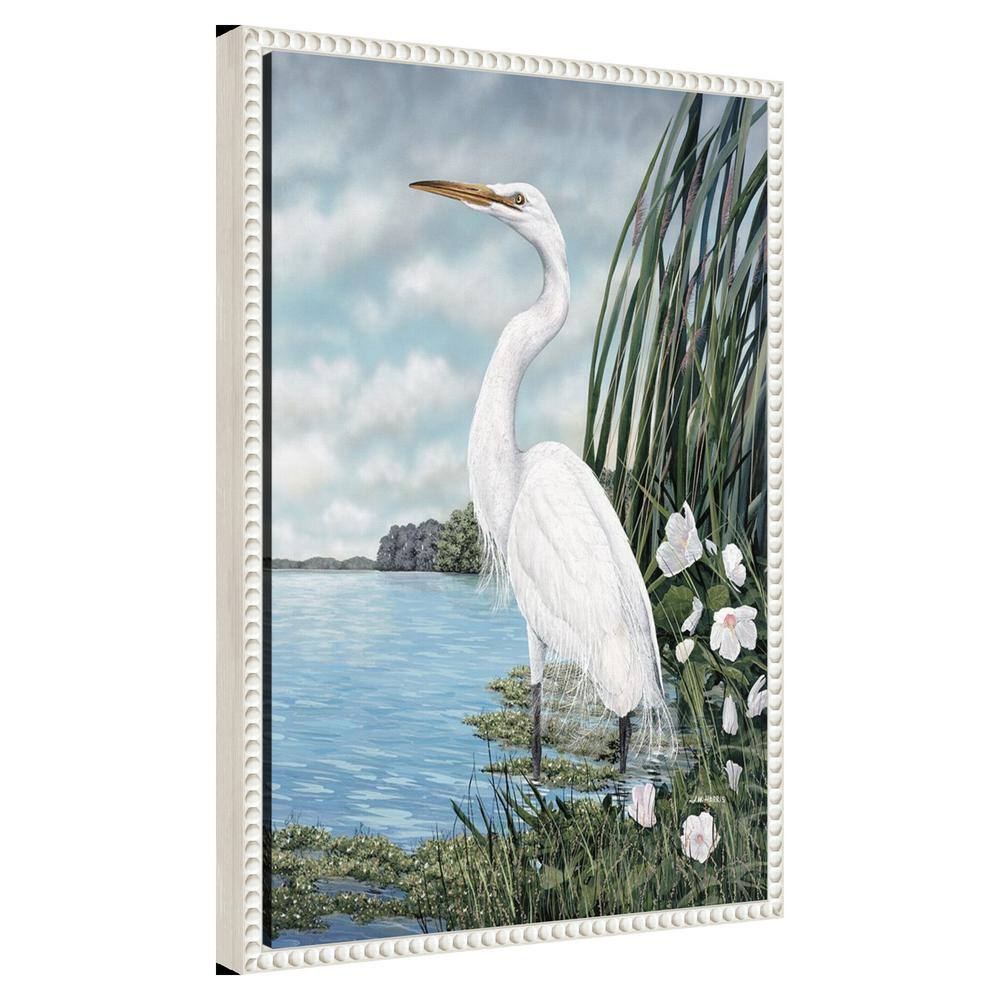 Great White Egret Coastal Scene Beaded Framed Canvas Art