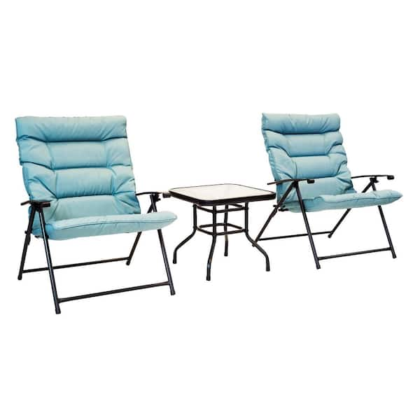 Patio Premier Black Frame 3-Piece Folding Steel Outdoor Bistro Set with Cushions Aqua Cushions