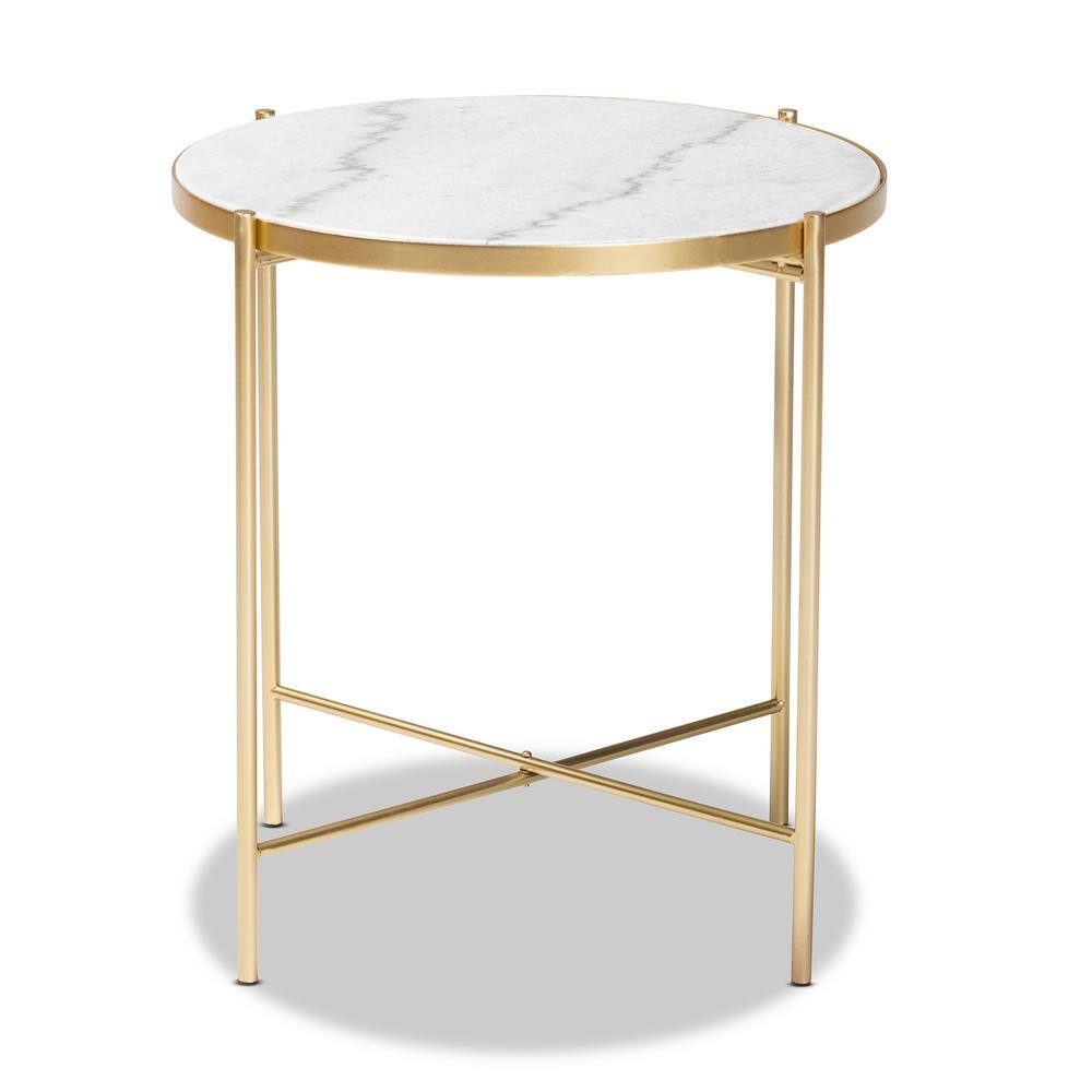 Maddock 19.3" Round White Marble and Gold Metal End Table