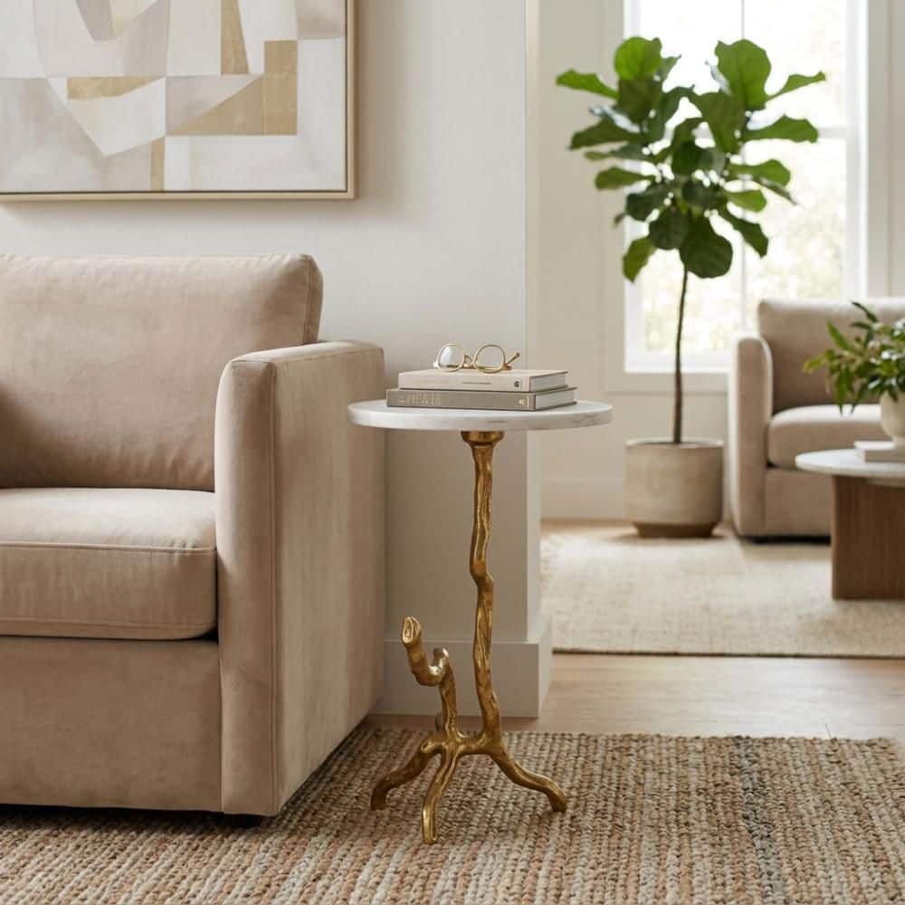 15 in. x 22 in. White Round Marble Top End Table with Gold Branch Base