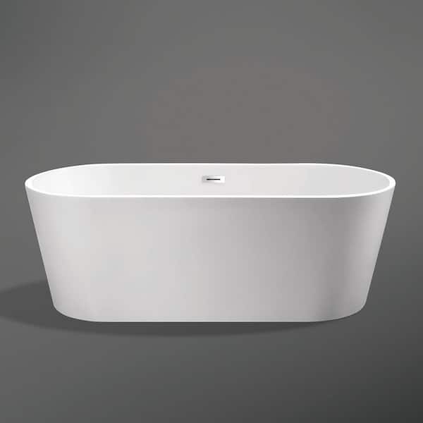 Stivier 63 in. Acrylic Flatbottom Non-Whirlpool Oval Freestanding Soaking Bathtub in Glossy White