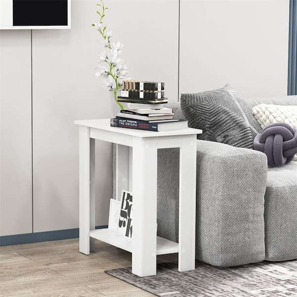 23.5 in. White Rectangular Engineered Wood 2-Tier End Table w/ Storage Shelf Night Stands Sofa Side Coffee Table