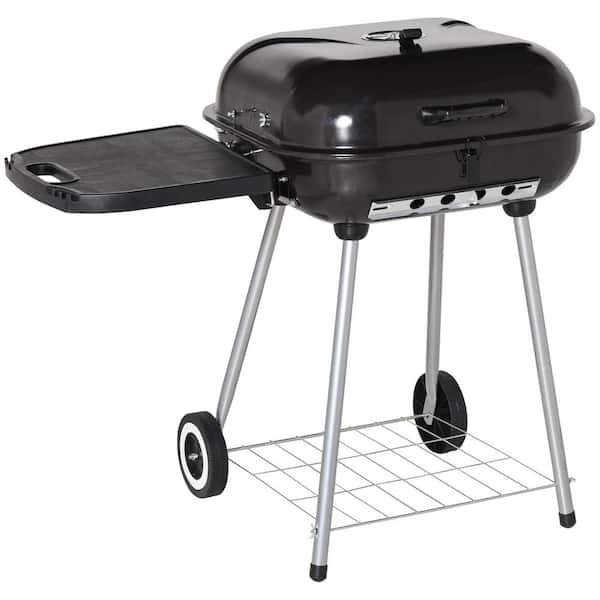 Portable Steel Charcoal Grill in Black with Bottom Shelf, Wheels and Adjustable Vents