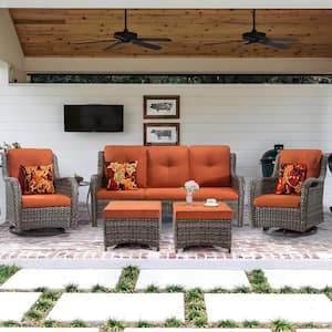 6-Piece Wicker Outdoor Sectional Sofa Set Patio Conversation with Orange Cushions