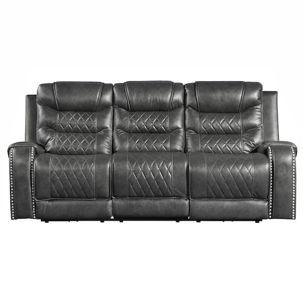 Bergen 86.5 in. W Straight Arm Faux Leather Rectangle Power Reclining Sofa with Center Drop-Down Cup Holders in Gray