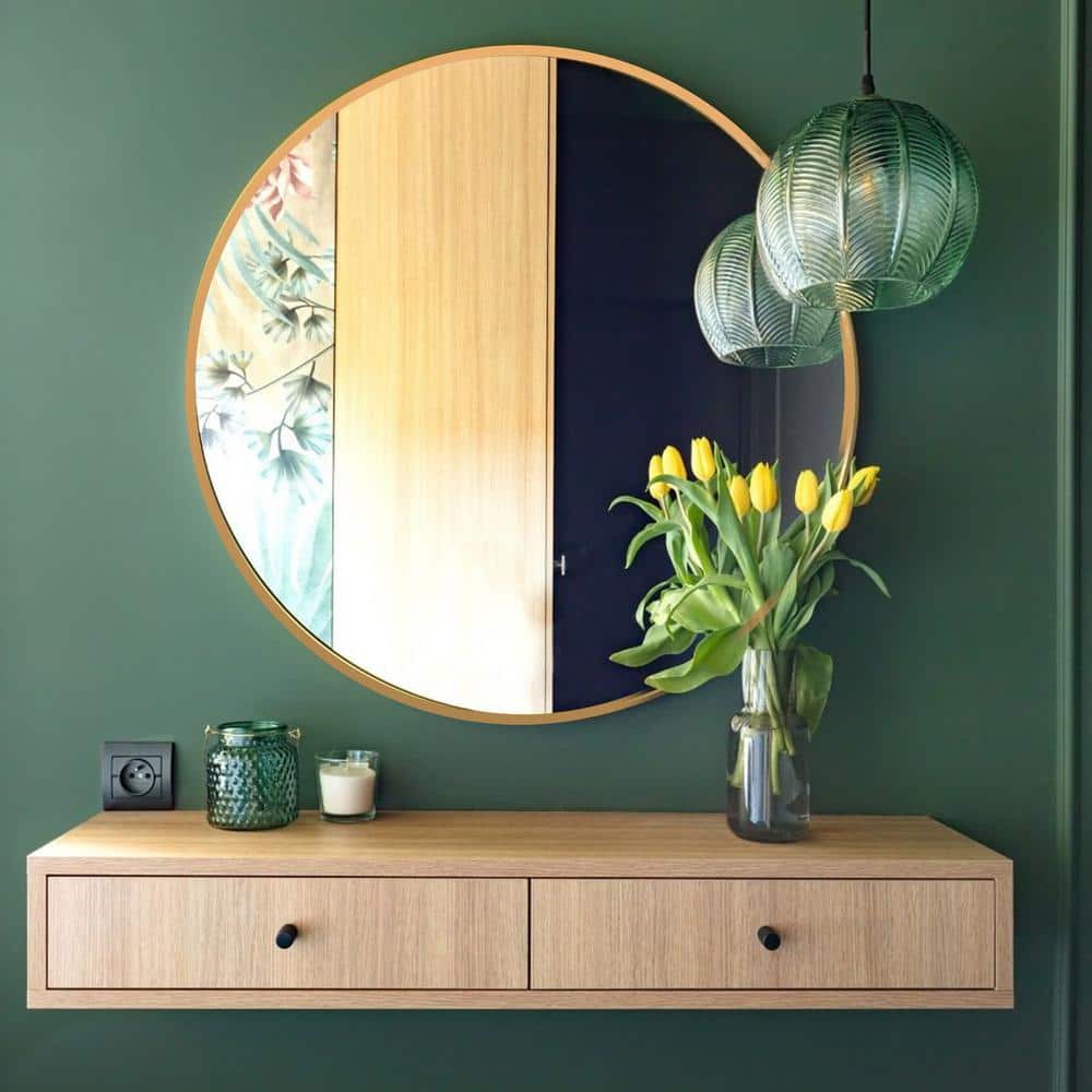 36 in. W x 36 in. H Round Aluminium Alloy Framed Brushed Gold Bathroom Vani