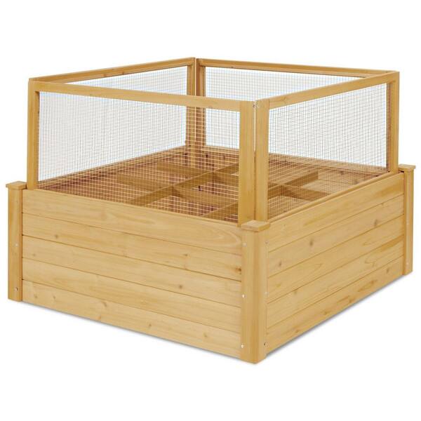 WELLFOR Natural Fir Wood Raised Bed with 9 Grids and Critter Guard Fence