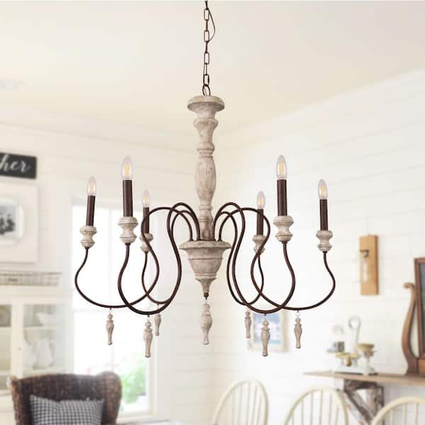 Shabby Chic 6 Light Distressed White Wood Chandelier With Candle Holder Fc4005 Shabby Chic 6 Light Distressed White, Distressed White Candle Chandelier