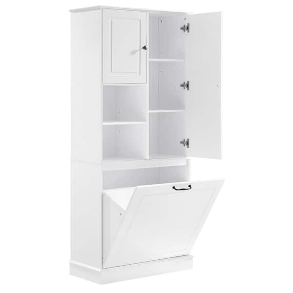 29.9 in. W x 14.2 in. D x 67.7 in. H White Wood Linen Cabinet Storage Cabinet w/ Adjustable Shelves and Flip-Out Basket