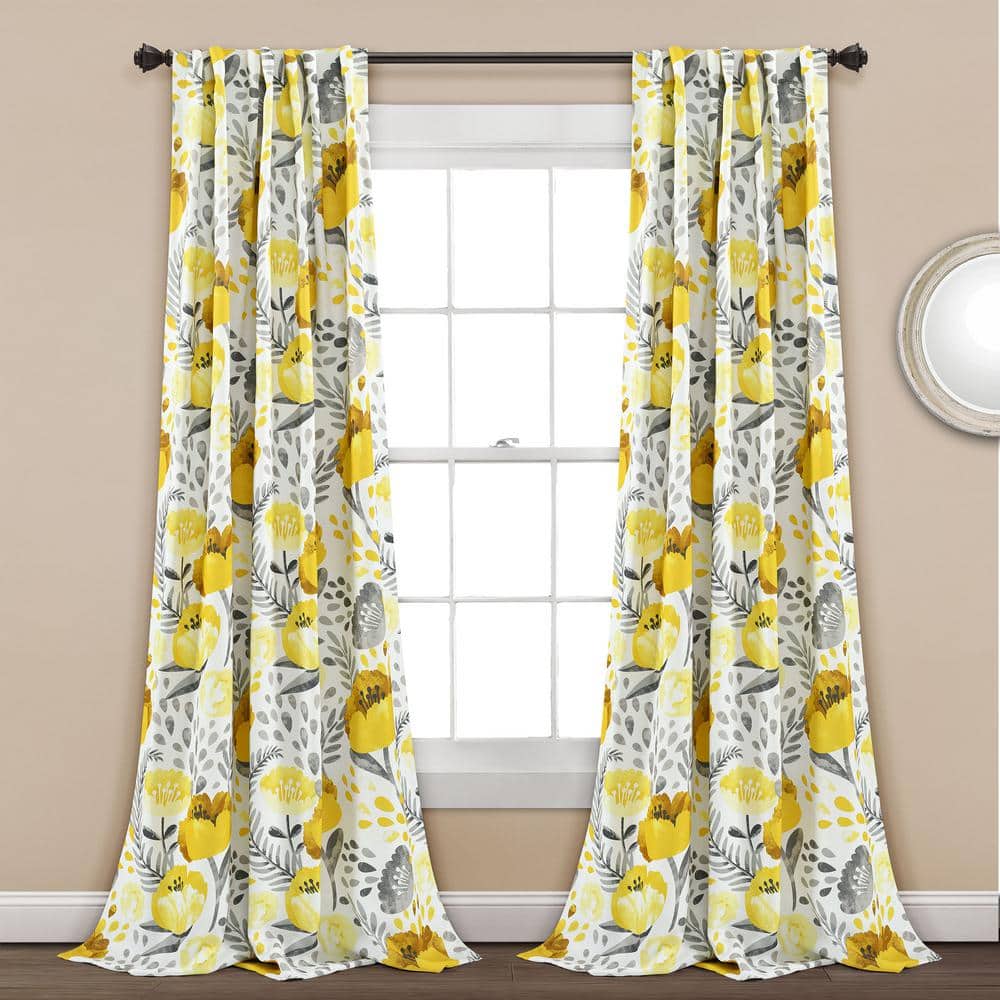 Yellow and White Floral Polyester Room Darkening Curtain Panels