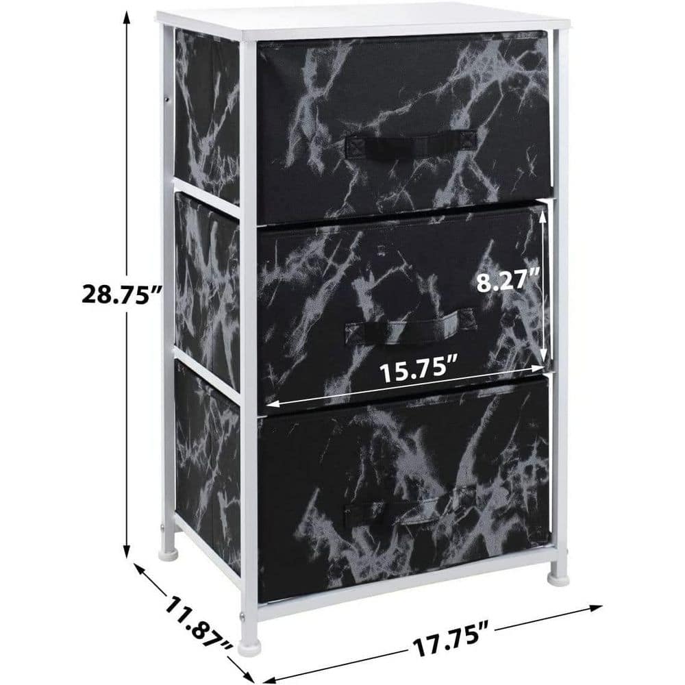 White Frame Black Marble 3-Drawer Nightstand with Fabric Bins