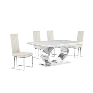 Ibraim 5-Piece Rectangle White Marble Top With Stainless Steel Base Dining Set With 4 Cream Velvet Chrome Iron Chair