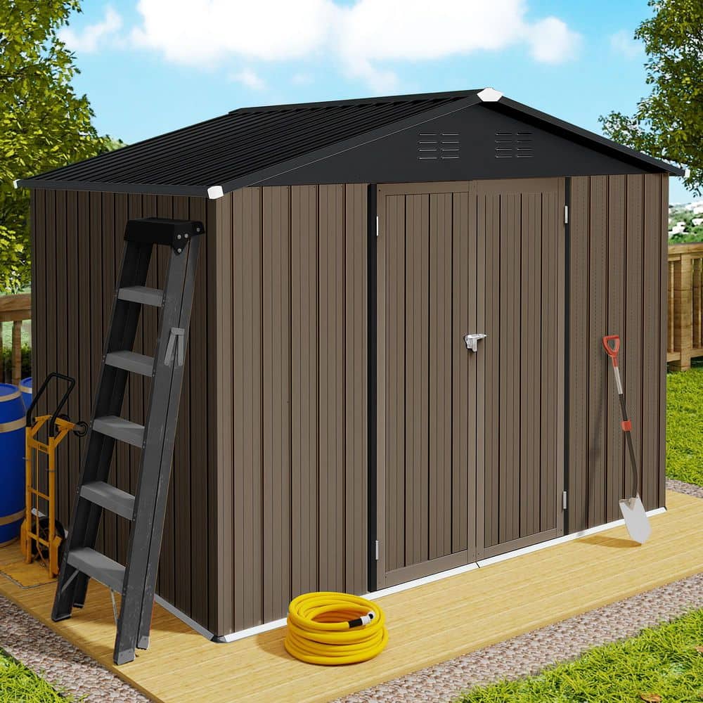 ToolCat 8 ft. D x 6 ft. W Metal Garden Shed, Brown/Black