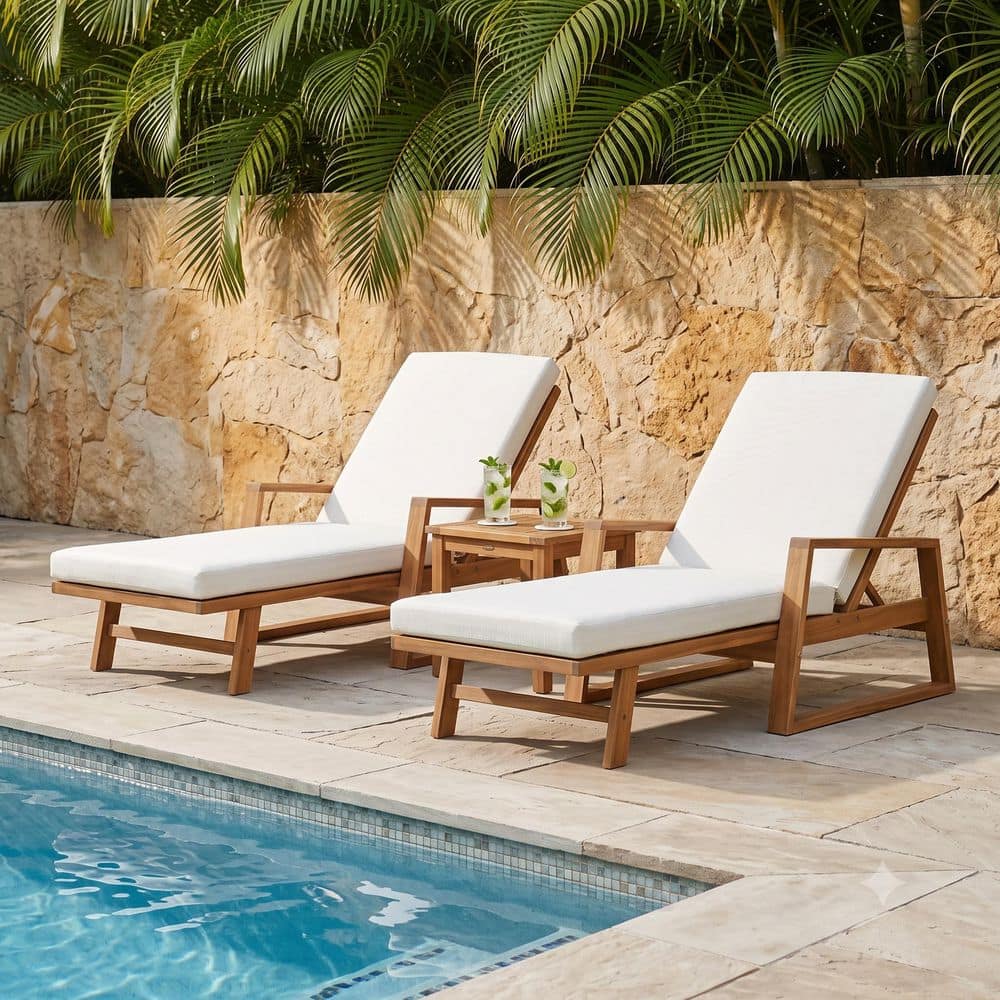 Patio Teak Finish Solid Wood Outdoor Chaise Lounge with Beige Cushion, Adjustable Backrest (2-Pack) price history on PriceWatchPro