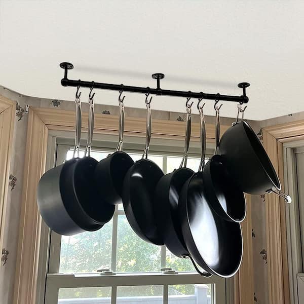 Matte Black Wall Mounted Stainless Steel Pot Rack, 23.7 in. Hanging Rack with 8 Adjustable S Hooks for Kitchen Utensils