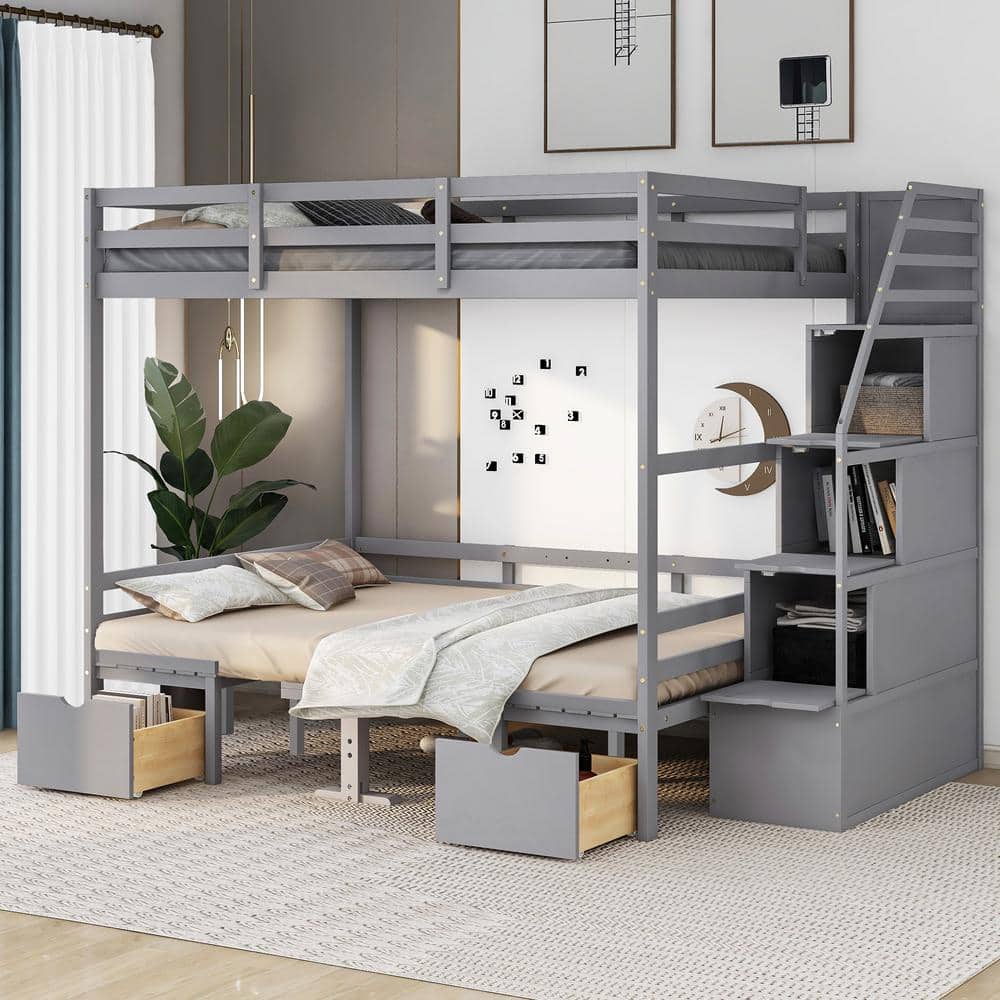 ANBAZAR Gray Full over Full Size with Staircase, Storage Drawer and Guardrail, Convertible into 2 Bench and Table WKX15-GY The Depot