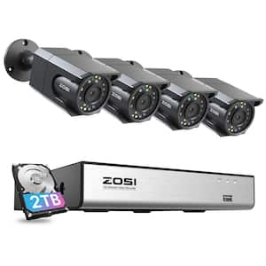 4K 8 MP 8-Channel POE 2TB NVR Security Camera System with 4-Wired Outdoor Bullet Cameras, Spotlight, Audio Recording