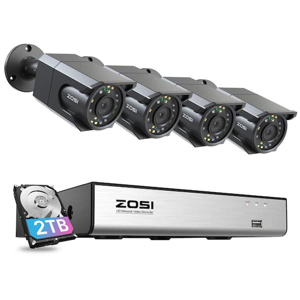 ZOSI 4K 8 MP 8-Channel POE 2TB NVR Security Camera System with 4-Wired Outdoor Bullet Cameras, Spotlight, Audio Recording