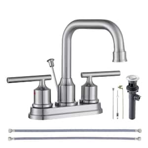 4 in. Centerset Double-Handle High Arc Bathroom Faucet with Drain Kit Included in Brushed Nickel