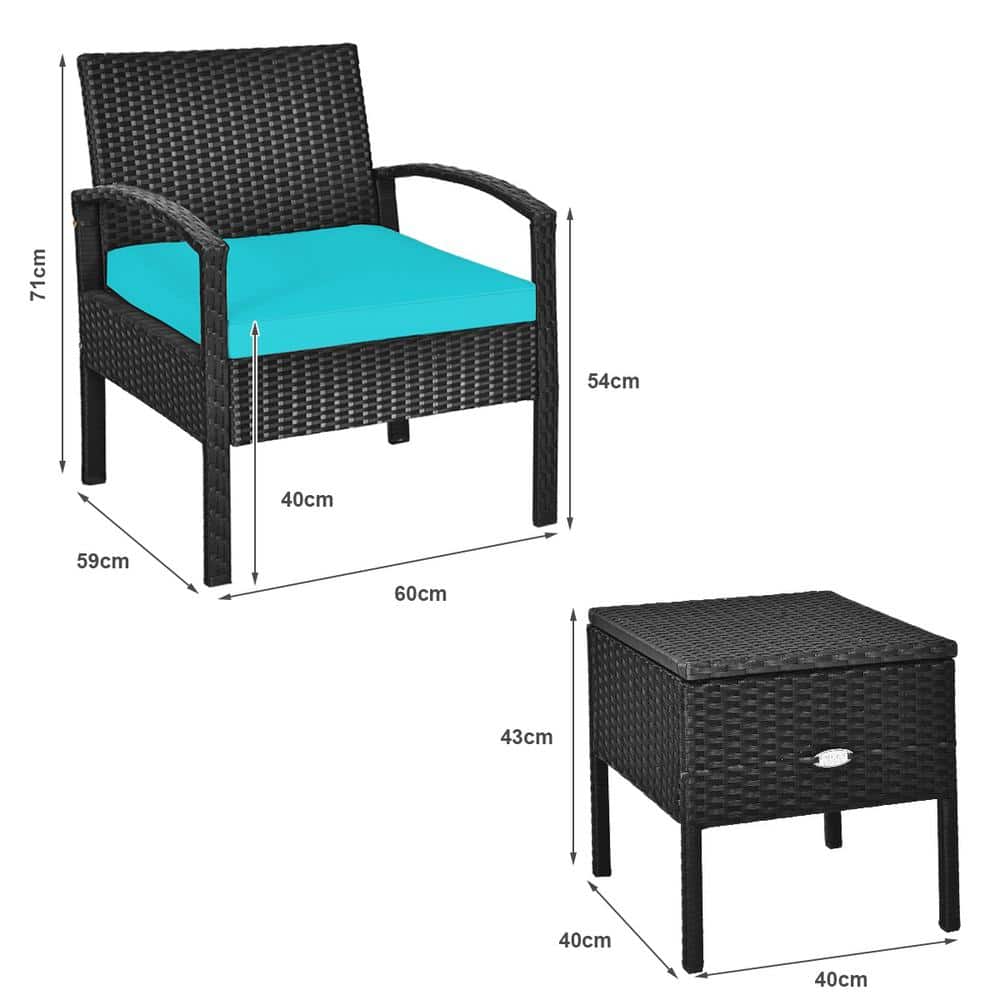 Turquoise 3-Piece Outdoor Wicker Rattan Patio Set