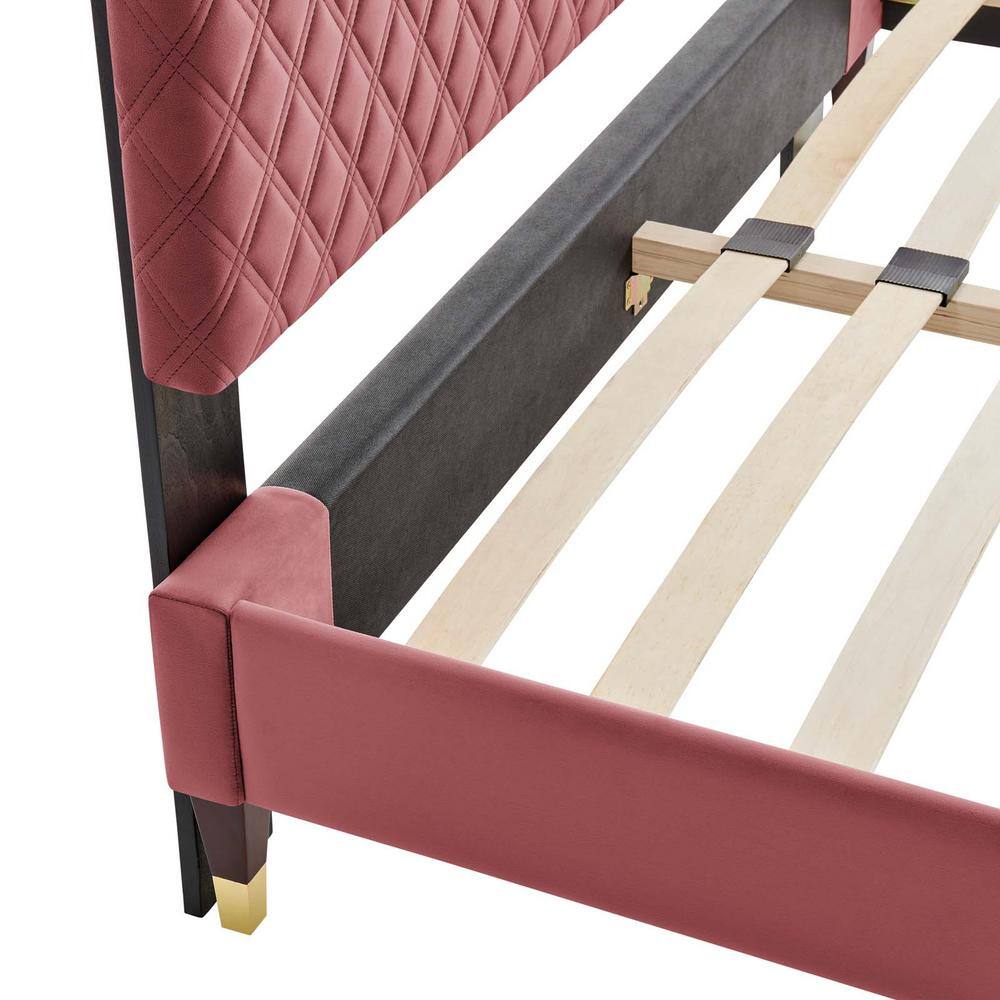 Dusty Rose Velvet Full Platform Bed Frame with Gold Accents