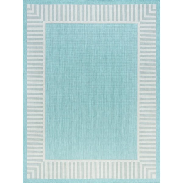 Eco Striped Border Aqua 4 ft. x 6 ft. Indoor/Outdoor Area Rug