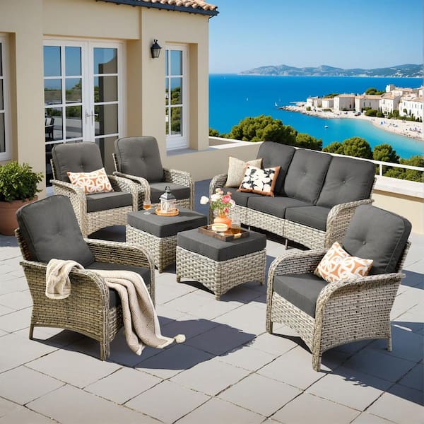 HOOOWOOO Ruby 7-Piece Wicker Modern Outdoor Furniture Patio Conversation Sofa Set with Black Cushions