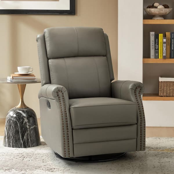 Sonia Transitional Grey 30.5 in. Wide Genuine Leather Manual Rocking Recliner with Metal Base and Rolled Arms