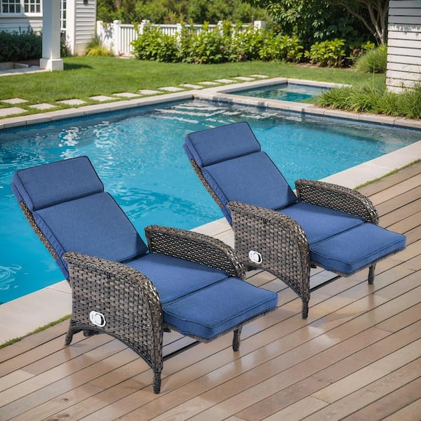 PlainCurve 2-Piece Brown Wicker Outdoor Patio Adjustable Recliner Chair with Navy Blue Cushions