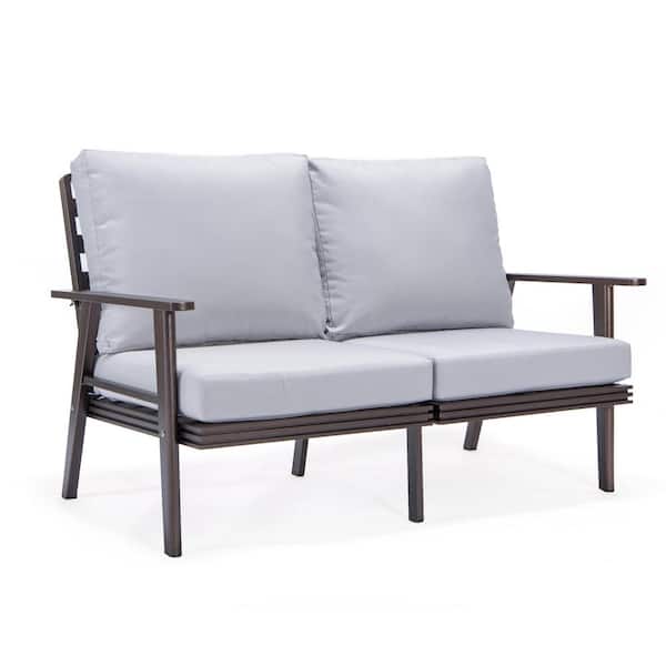 Leisuremod Walbrooke Brown 1-Piece Metal Outdoor Loveseat with Light Grey Cushions