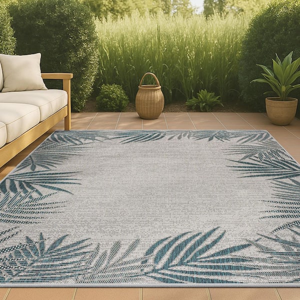 Isla Coastal Cottage Palm Frond Border Blue/Cream 3 ft. x 5 ft. Indoor/Outdoor Area Rug