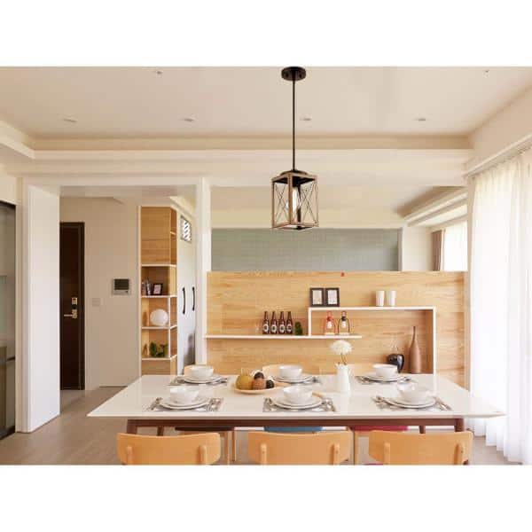 1-Light Black Barn Wood Rectangle Chandelier And Steel Cage Shade, 1 x E26