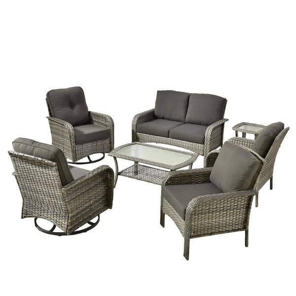Ruby Gray 7-Piece All-Weather Wicker Outdoor Patio Conversation Sofa Set with Swivel Chairs and Black Cushions