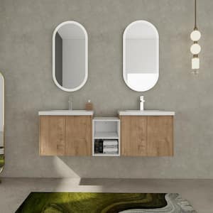 18 in. W x 60 in. D x 19 in. H 2 Sink Wall Mounted Bath Vanity in Oak with White Resin Top and 1-Storage Shelves