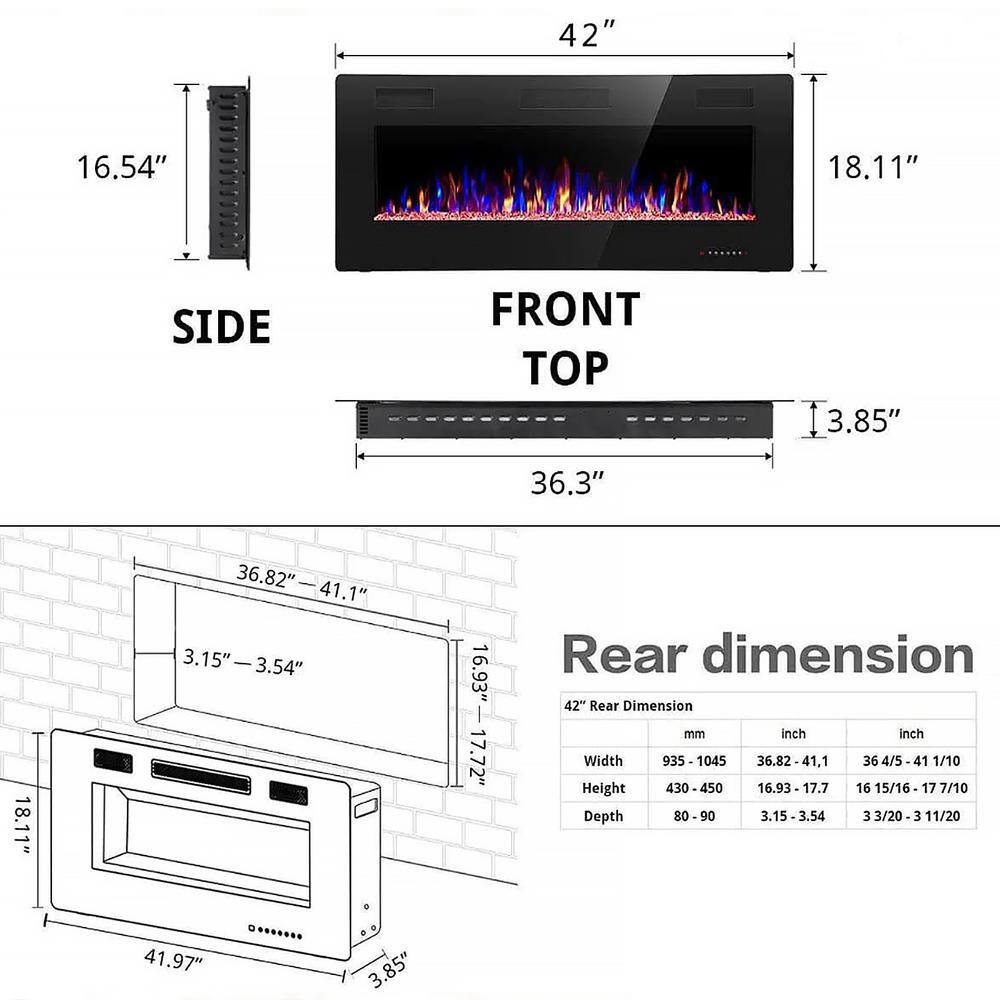 42-Inch Black Wall Mounted Electric Fireplace with Remote