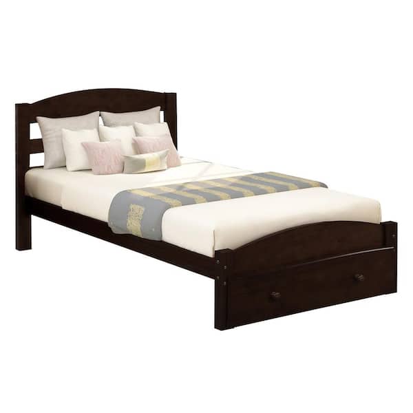 Polibi 41.30 in. W Espresso Twin Solid Pine Wood Platform Bed Frame with Storage Drawer and Wood Slat Support