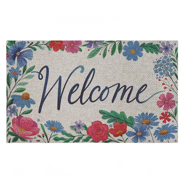 Dream Garden Welcome Blue 18 in. x 30 in. Polyester Non-Slip Outdoor Door Mat