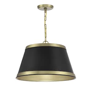 18 in. W x 12 in. H 3-Light Matte Black and Natural Brass Standard Pendant Light with Matte Black Metal Shade