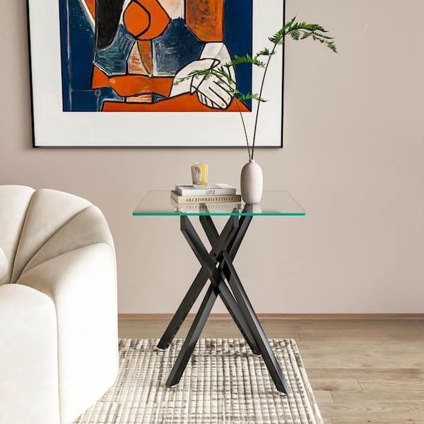 1 Piece 17.72 in. Square Clear Tempered Glass End Table with Black Metal Legs, Modern Living Room Side Table